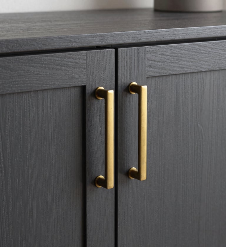 Close-up detail of a custom-made cabinet in dark slate wood, featuring minimalist brass handles, captured in a South American / Brazilian residential setting with sharp focus and professional studio lighting.