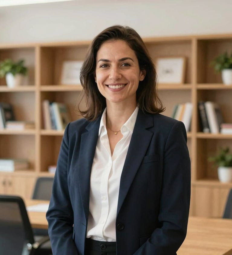 A warm, premium portrait of a professional female education director in British Columbia. She is smiling, standing in a bright, modern school office environment with clean wooden shelves and subtle plants in the background, conveying trustworthy leadership.