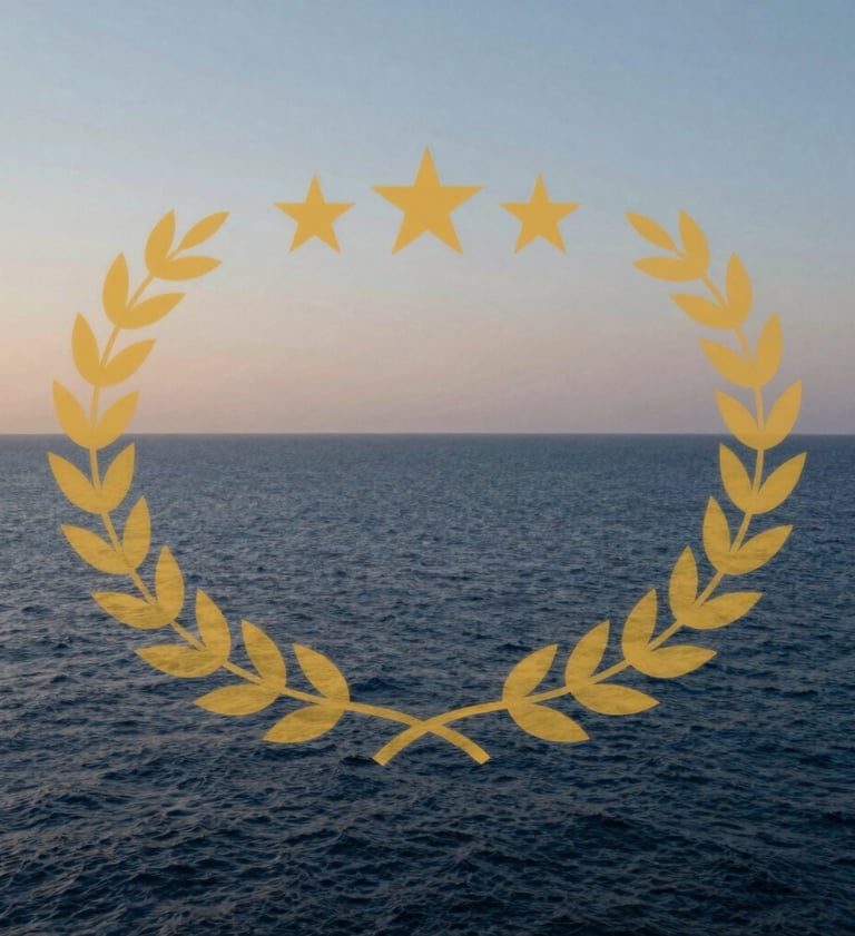 An organic, serene photograph of the Mediterranean coastline at dusk. The water is a deep blue and the sky is a soft pearl color, capturing the inspiration behind the artist's work.