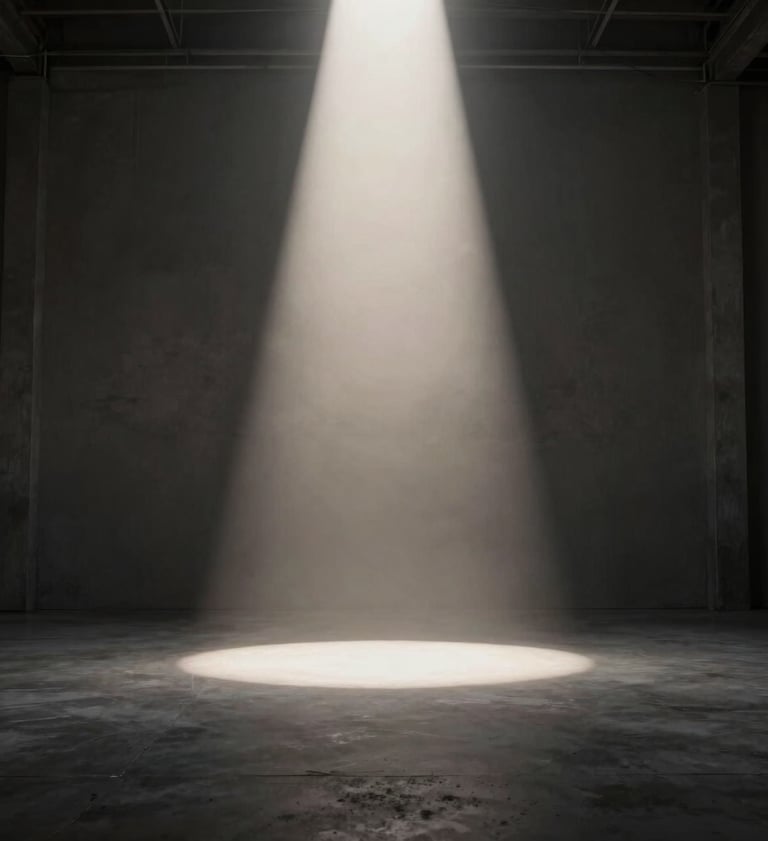 A wide cinematic shot of a minimalist industrial space. A single beam of soft off-white light cuts through a dark charcoal haze. The composition is centered and bold, evoking a sense of high-end mystery and urban sophistication.