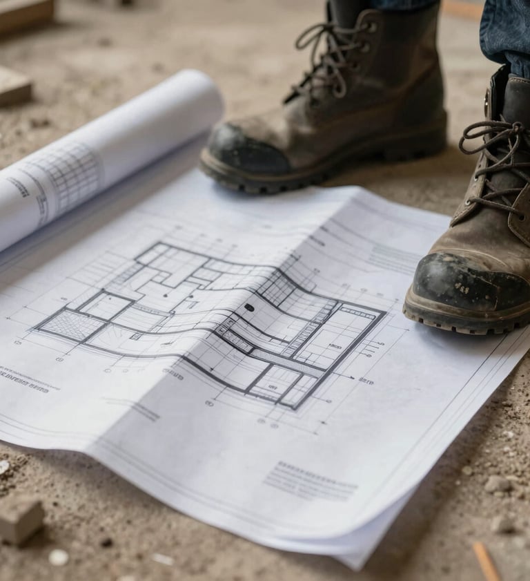 An asymmetrical composition of a construction blueprint laying on a dusty floor, with heavy work boots in the frame. Palette includes #F5F5DC for the paper and #1A1A1A for the boots. Raw, 'in-the-trenches' feel.