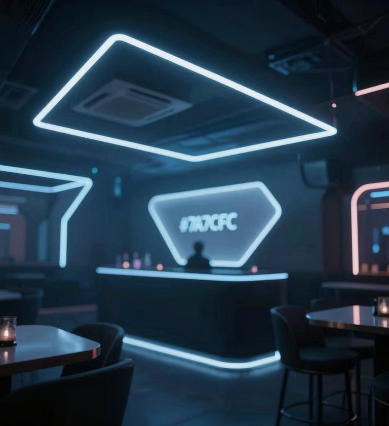 Interior of a modern high-end nightclub with geometric neon lighting in #7A7CF1 and #E0E0EB, sleek futuristic nightlife vibe, dark aesthetic.
