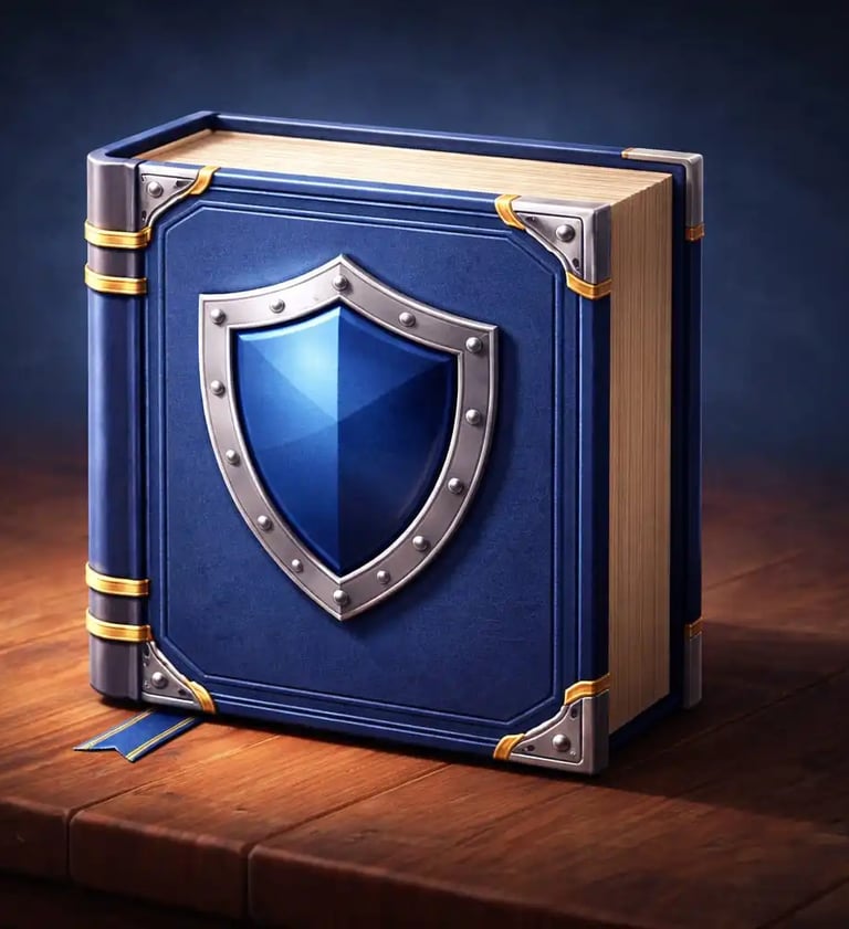 Illustrated book with shield symbol representing a cybersecurity glossary and digital protection terminology guide