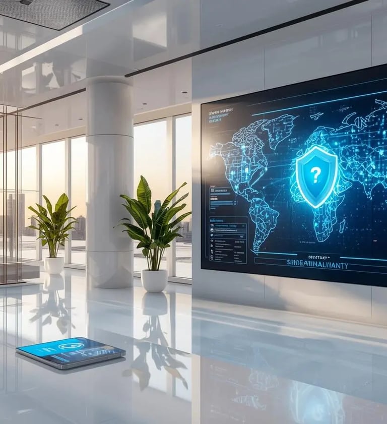 Luxury cybersecurity office with antivirus dashboard, global network map and blue digital protection shields