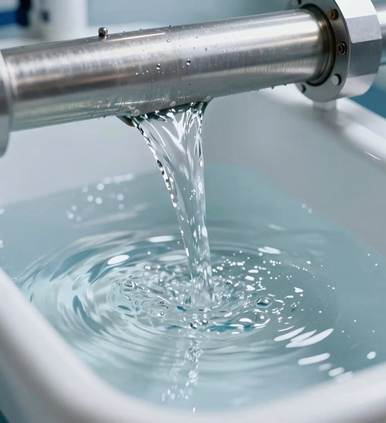 Macro photography of clear water flowing through a high-tech filtration system, light reflecting off the surface, clean and elegant atmosphere with steel blue and white tones.