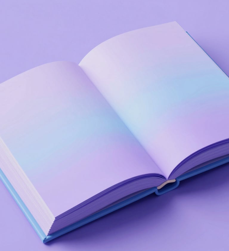A top-down view of a hybrid storybook that uses AR elements, blending physical paper textures with digital light effects in soft lavender and sky blue tones.