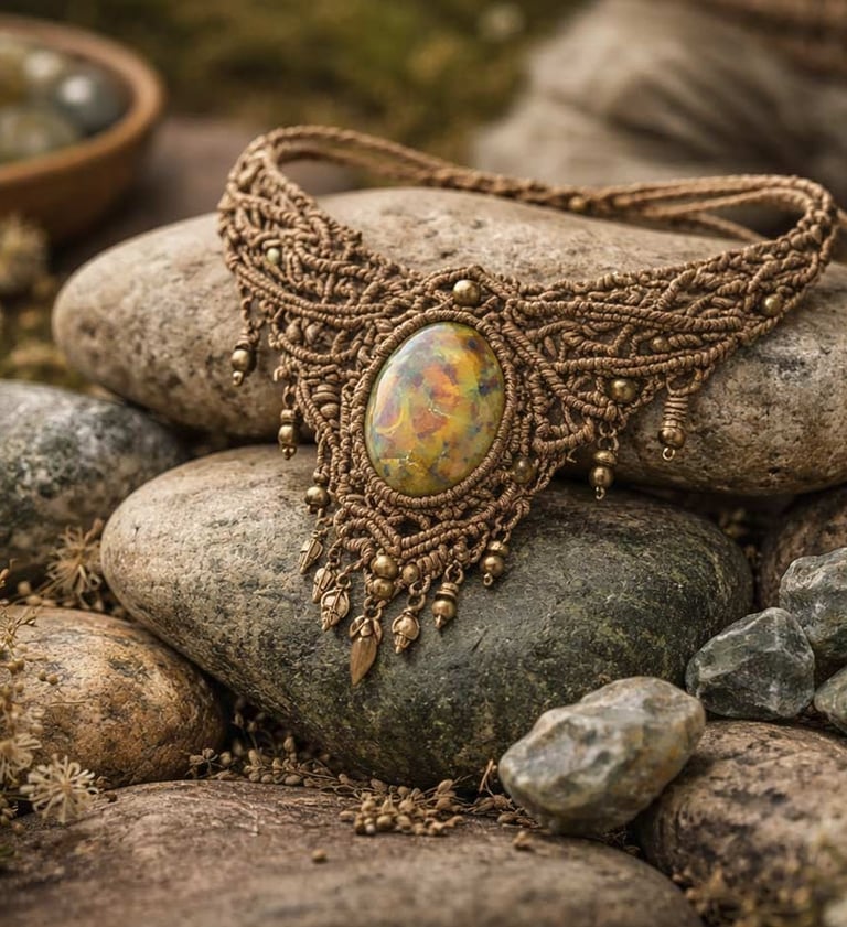 Collar de macramé y piedra natural sobre piedras de rio