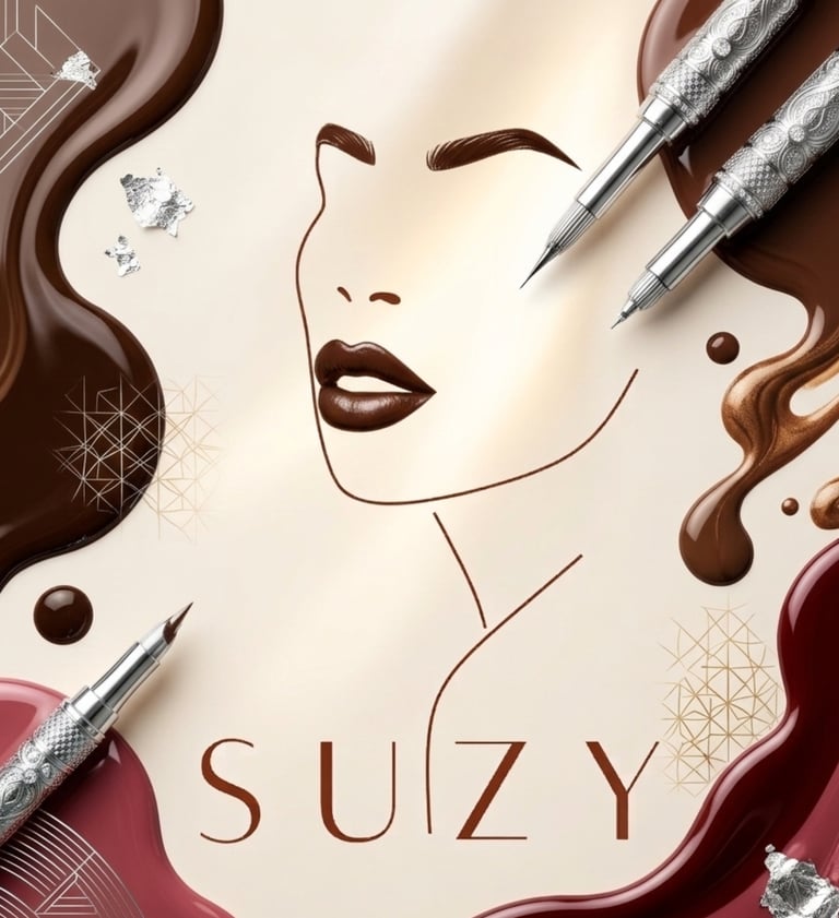 Elegant makeup illustration with dark liquid lipstick, brow pencils, and silver foil accents for SUZY beauty brand.