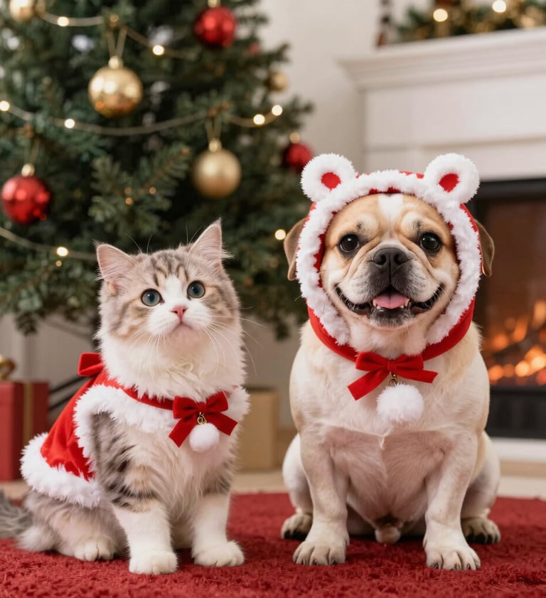 Un simpático gato y un perro vestidos con trajes navideños de Papá Noel están sentados