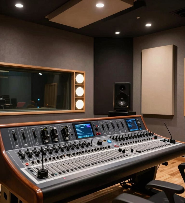Sleek modern recording studio interior in Los Angeles. Dark charcoal acoustic panels, warm off-white accent lights on a professional soundboard. High-end, polished, and professional North American / US setting.