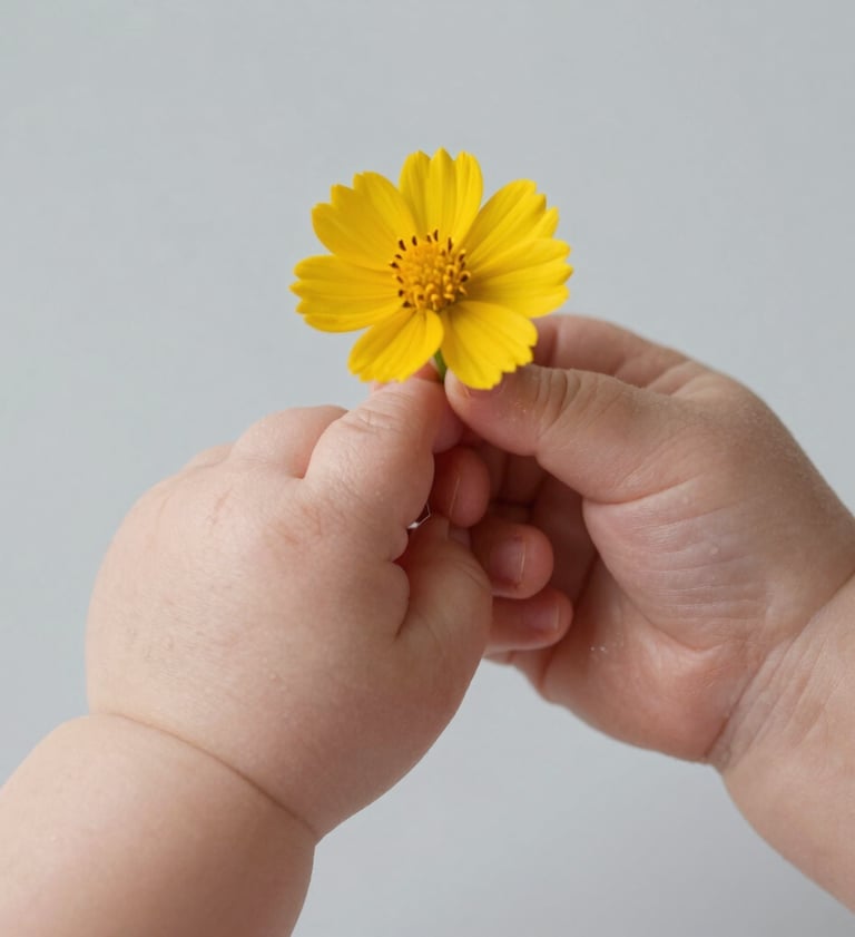 A close-up photography of a baby's tiny hands holding a single yellow flower. The background is a clean, solid light lead grey surface. The focus is sharp on the texture of the skin, reflecting high-quality professional photography.