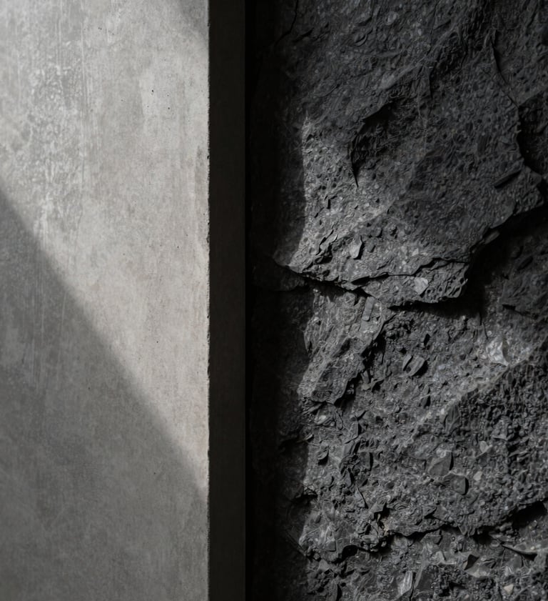 A close-up, high-fashion style shot of architectural materials. Smooth light gray concrete meeting textured dark charcoal stone. Dramatic side-lighting creates a high-contrast, moody aesthetic in a South American / Brazilian luxury home.