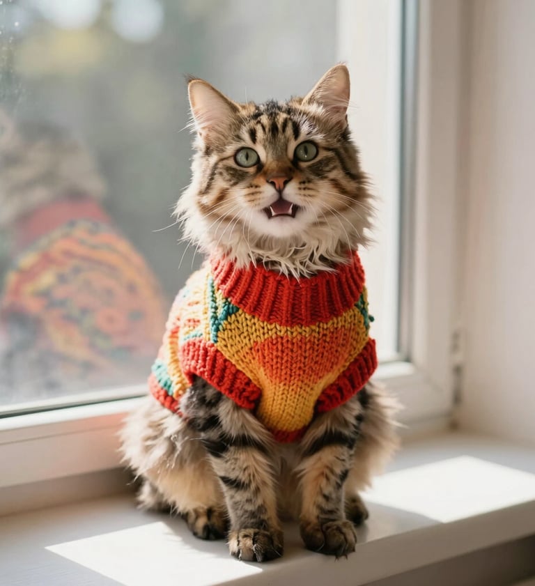 Un gato atigrado y esponjoso, con un colorido suéter de punto para mascotas