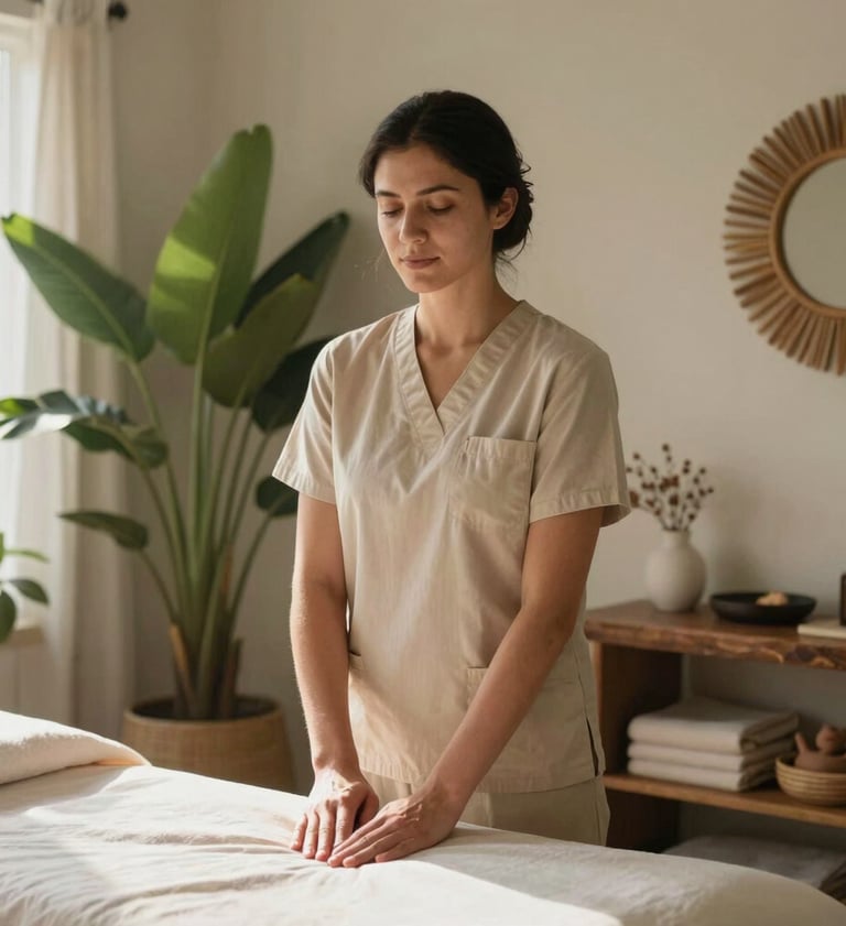 A serene portrait of a professional massage therapist in natural beige attire standing in a peaceful, sunlit therapy room in San Diego, California, surrounded by soothing sage green foliage and warm earthy decor.