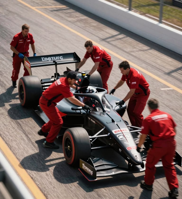 A high-speed pit stop sequence at a North American track, mechanics in deep red uniforms moving in a cinematic blur around a sleek black race car, overhead perspective, dramatic shadows.