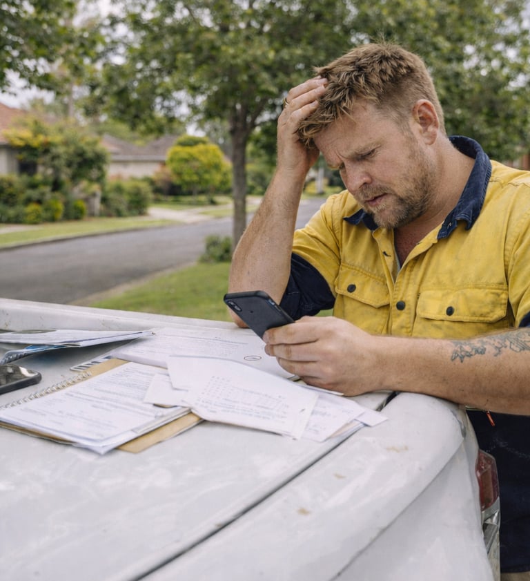 Australian tradie stressed by paperwork and scheduling