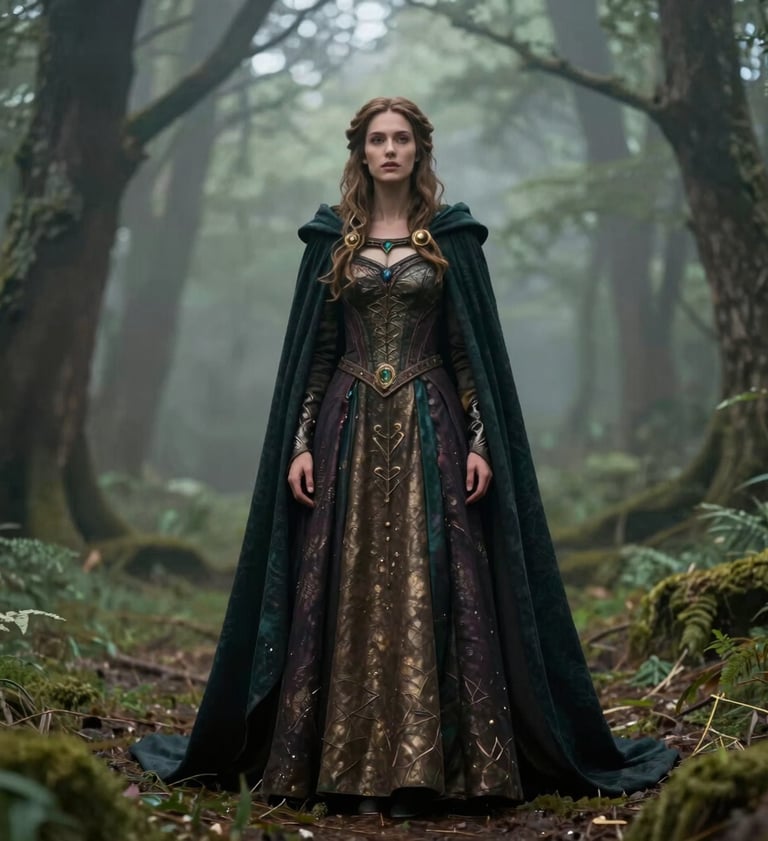 A full-length shot of a person wearing a fantasy-inspired gown with a dramatic cape, standing in a misty forest glade, Western / Global, magical and cinematic lighting.