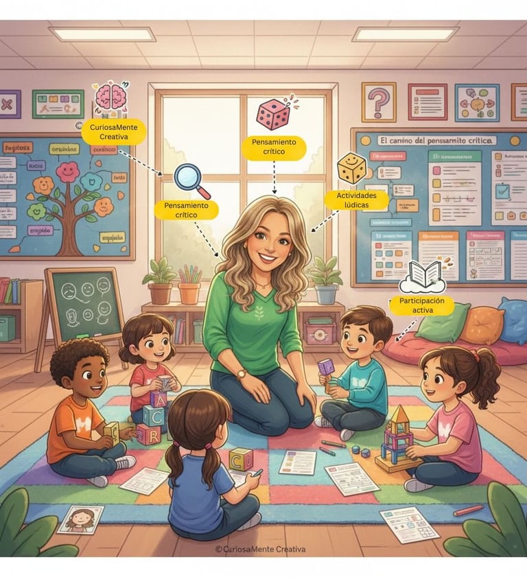 Maestra con ninos ensenando pensamiento critico, recursos emocionales y recursos de CuriosaMente Creativa