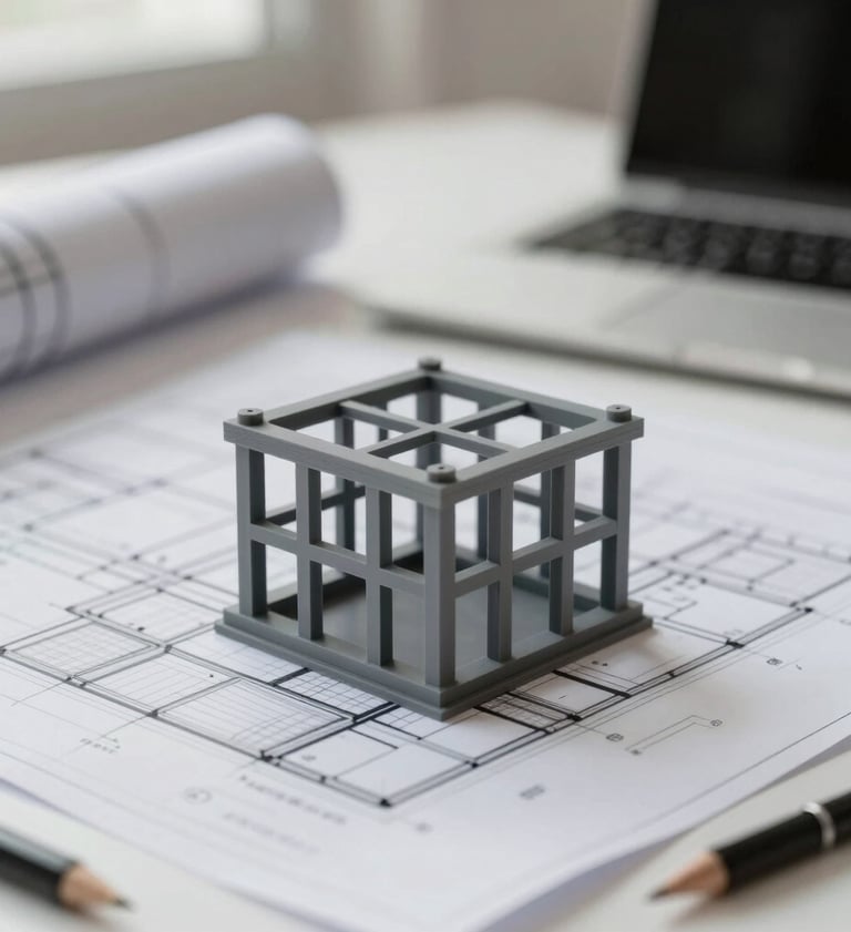 A close-up of a detailed architectural blueprint and a 3D printed structural model on a clean desk, lit by soft natural light, reflecting professional precision with hints of #6B6760 and #D9D2C7.