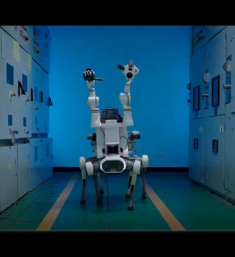 four-legged inspection robot navigates an industrial electrical room in server cabinets.