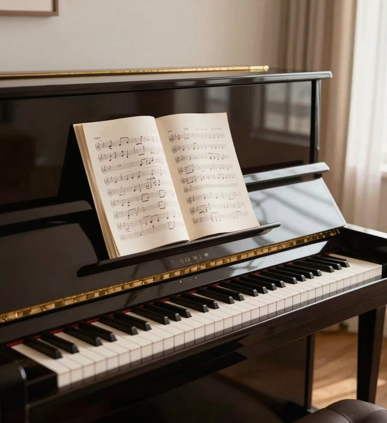 Photography of a modern upright piano in a bright North American living room, sheet music open on the stand, warm afternoon light creating soft tan highlights, clean minimalist aesthetic.