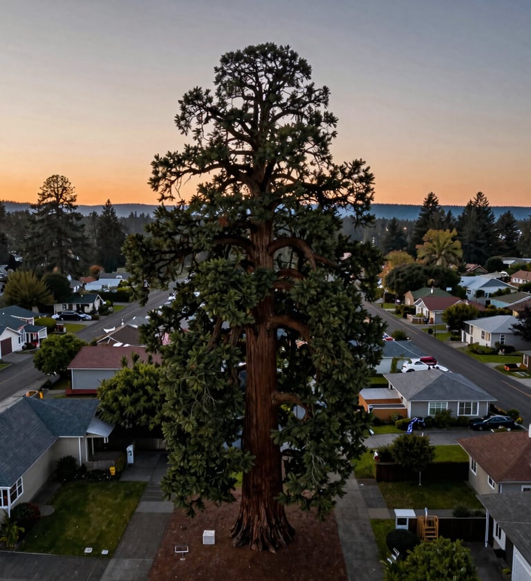 A majestic aerial drone shot of a giant sequoia tree at twilight in a residential neighborhood of Eugene, Oregon. The dark green foliage contrasts with the soft orange and slate gray colors of the sky. The tree towers high above the surrounding houses in the US Pacific Northwest.