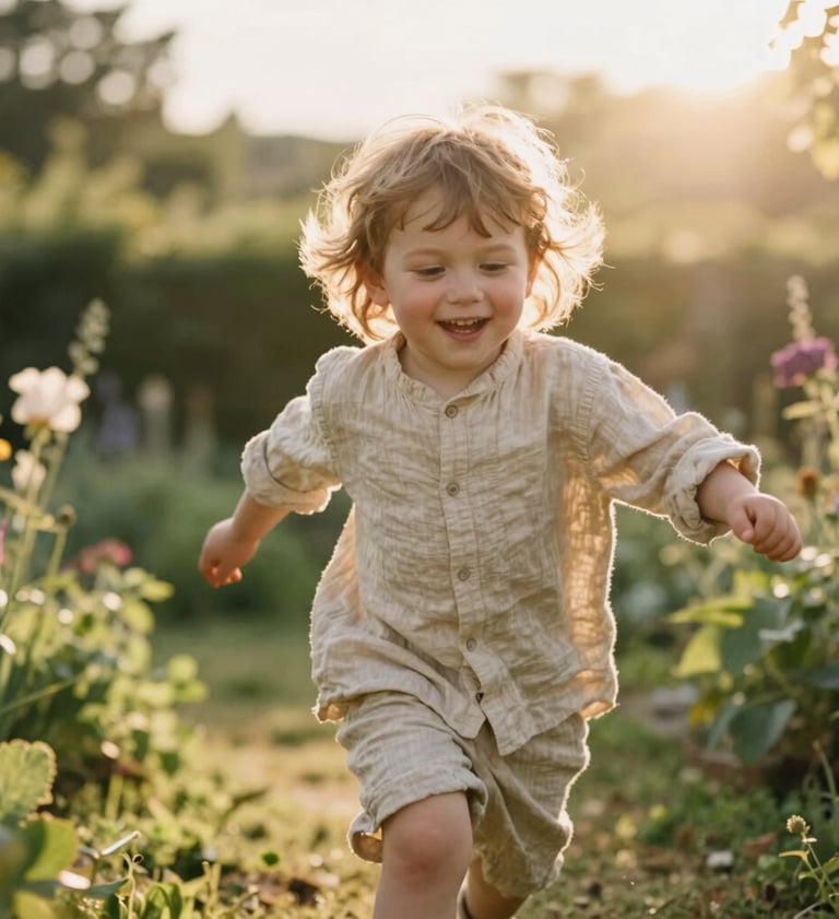 Cinematic photography of a young child running through a sun-drenched garden in the French countryside, lens flare, warm golden light, wearing soft sand colored linen, emotional and joyful atmosphere.