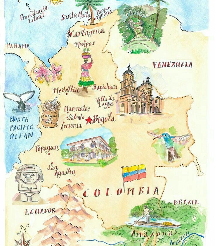 Illustrated tourist map of Colombia featuring top destinations like Cartagena, Medellin, and Bogota.