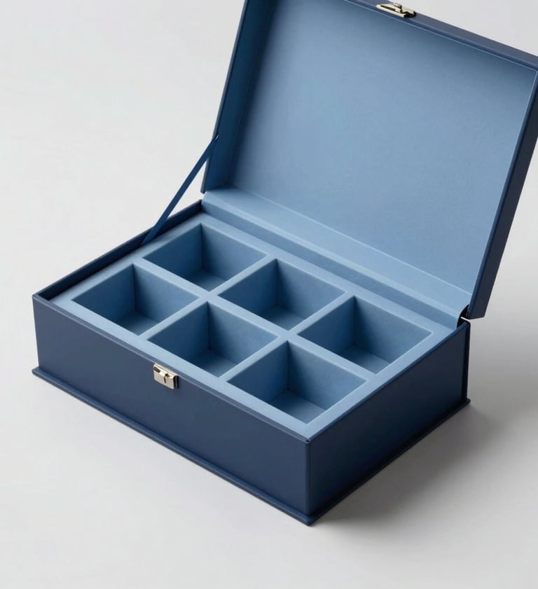 An open luxury box showing the internal geometric compartments. The palette uses #2C3E50 and #8D9FB5 for a sophisticated, professional contrast. Studio lighting with soft shadows.