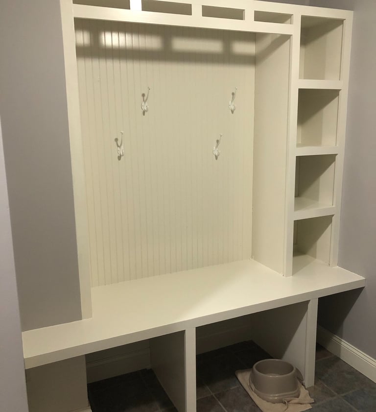 built in shoe and coat bench painted 