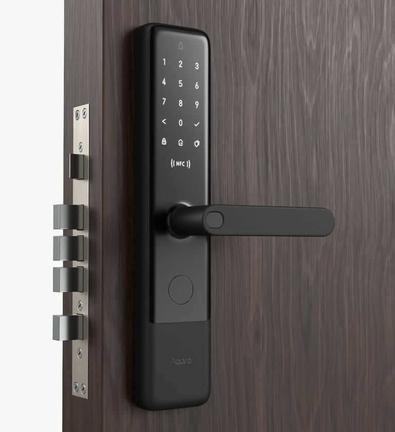 Black Aqara smart door lock with keypad, fingerprint sensor, and NFC for keyless entry home security.