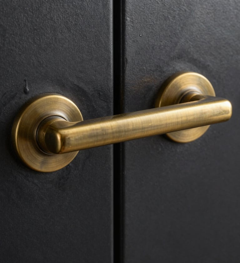 A macro shot focusing on a custom-made brass door handle integrated into a black steel frame. The craftsmanship is evident in the brushed texture of the warm bronze metal against the deep charcoal steel.
