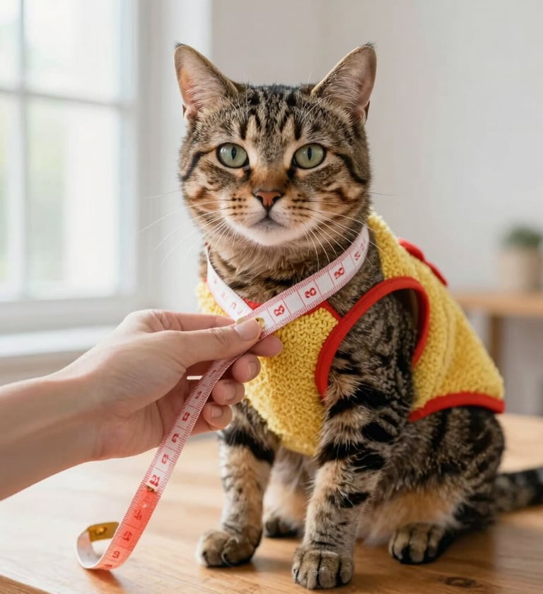 Un gato atigrado con un suéter amarillo al que le están midiendo con una cinta métrica para determin