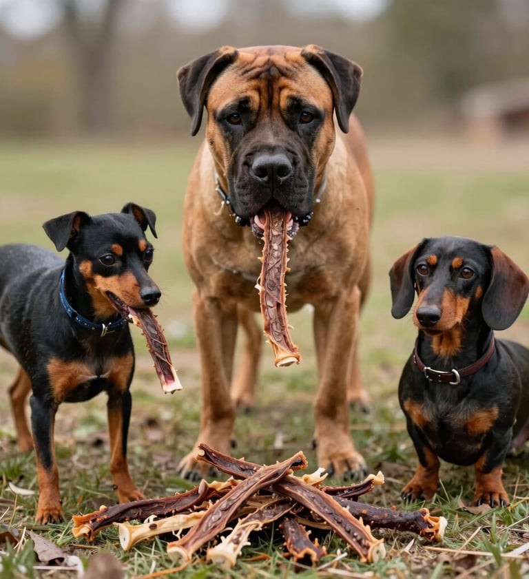 diferentes perros difrutando de traques de res 100% naturales