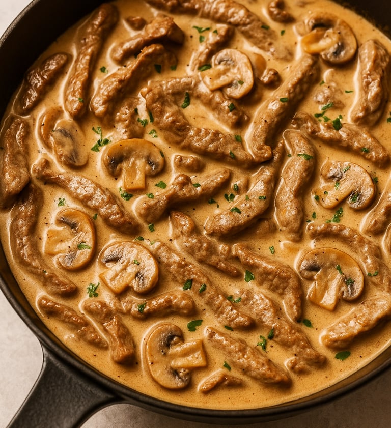 Creamy beef stroganoff in pan