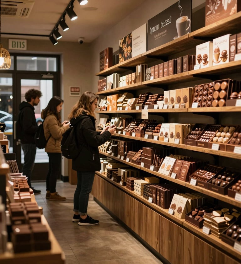 Shelves filled with colorful chocolate bars