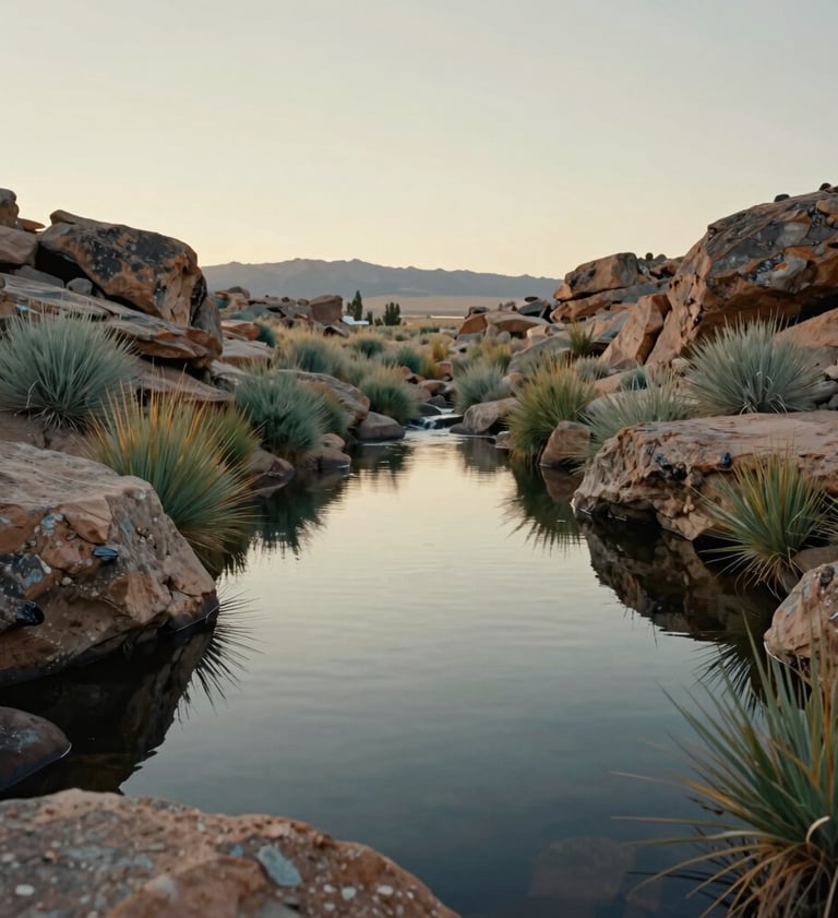A serene photograph of a natural water source or spring on a Nevada ranch. The water reflects the pale cream sky of dawn. Surroundings include rugged rocks and native grasses in shades of sand and sage green. The atmosphere is one of profound tranquility and untapped potential.