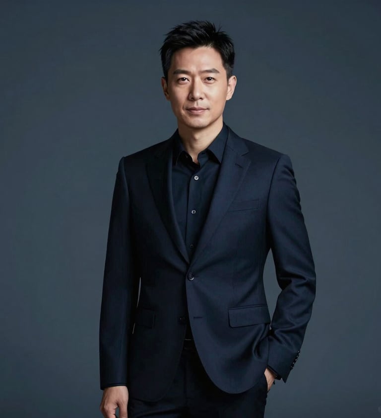 A portrait of a confident creative professional in a sleek, dark navy suit, standing against a minimalist deep blue-gray background. The lighting is cinematic and refined, capturing a professional and high-tier brand atmosphere in a North American setting.