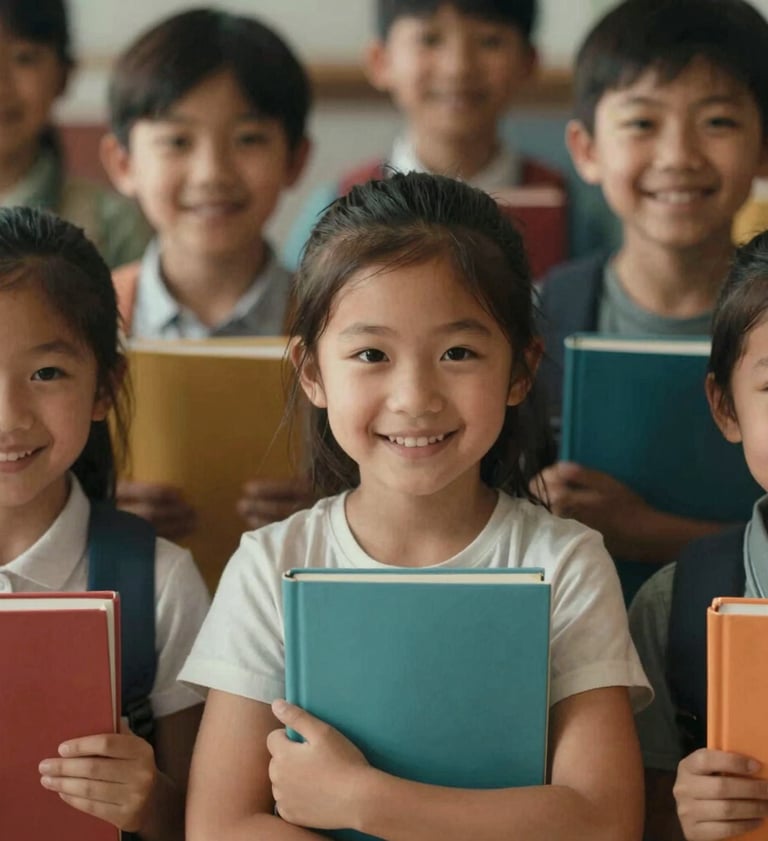 A close-up of a group of children holding books and smiling, captured in a high-contrast artistic style with warm #D4C1A5 lighting tones and deep #1A1C20 shadows.