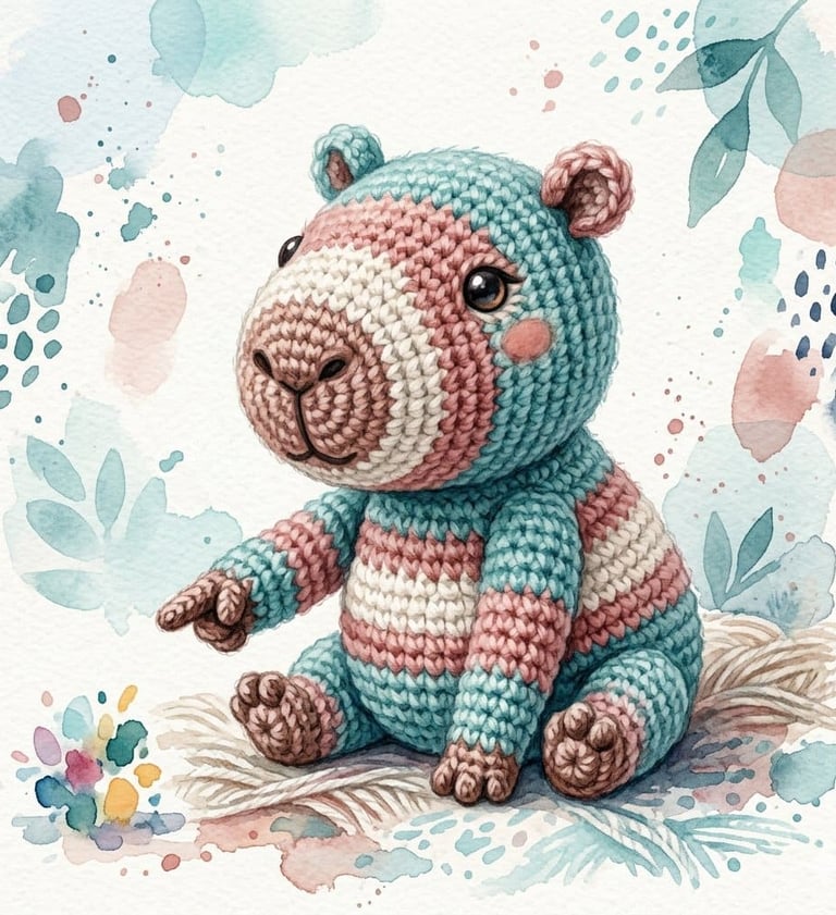 Un lindo juguete de peluche capybara de ganchillo con rayas azules y rosas en un estilo acuarela.