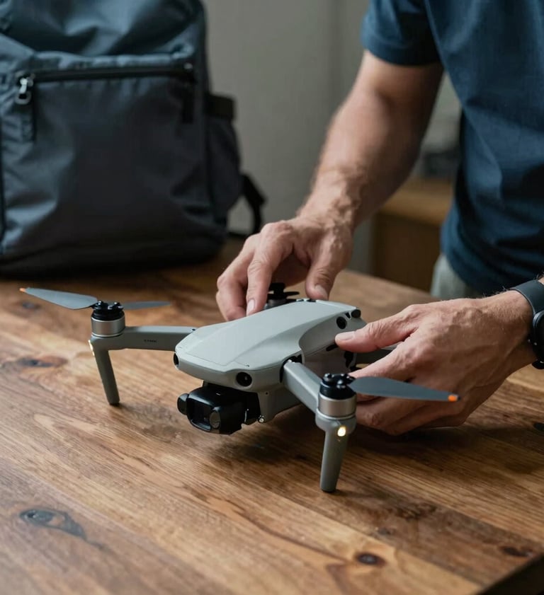 A candid shot of a man's hands adjusting a small drone on a wooden table. The lighting is moody and soft. A muted blue-grey backpack is visible in the corner of the frame.