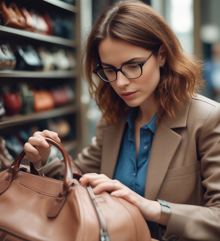 Mujer analizando comprando bolso internacional esperta en estilo stylist para importación a México