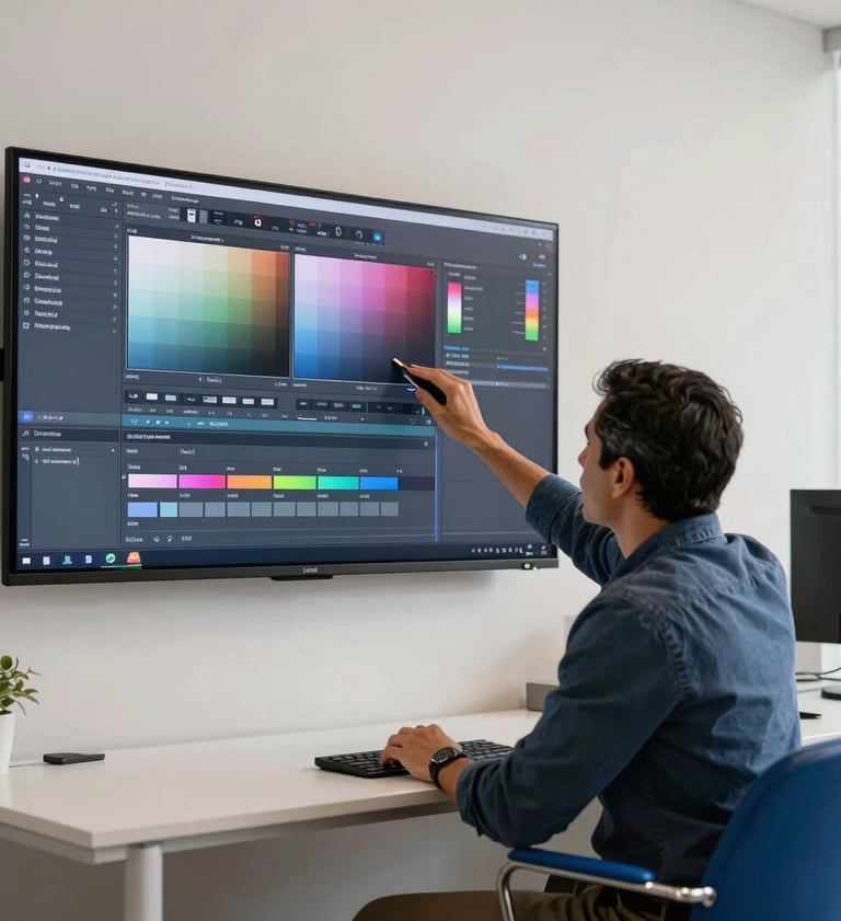 A creative professional in a Latin American / Hispanic office analyzing color grading on a large screen, the room is minimalist with Soft Off-White walls and Steel Blue furniture.
