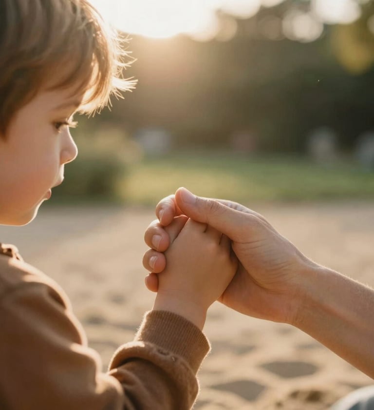A warm photography shot of a child and parent's hands intertwined, backlit by soft golden sun in a European garden. Cinematic depth of field with textures of soft sand and brown wool. Authentic and emotional lifestyle photography.