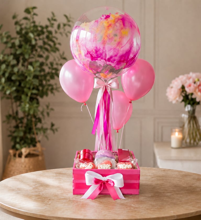 Canasta de regalo rosa con un centro de mesa con globos de mármol y delicias de spa sobre una mesa