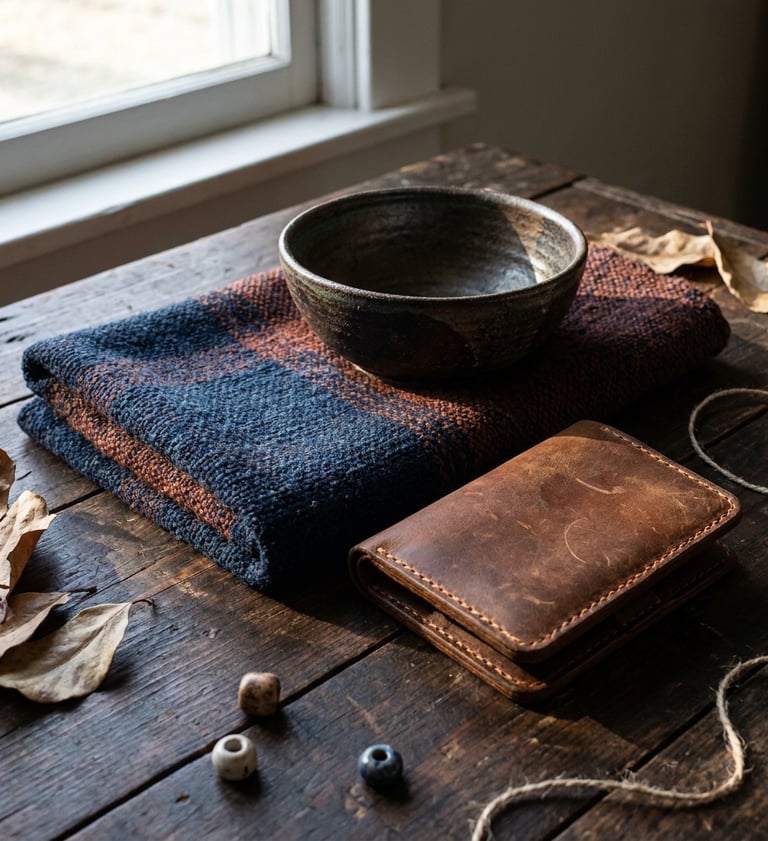 Lifestyle flatlay for independent brand — ceramic bowl, woven textile, leather wallet on rustic wood