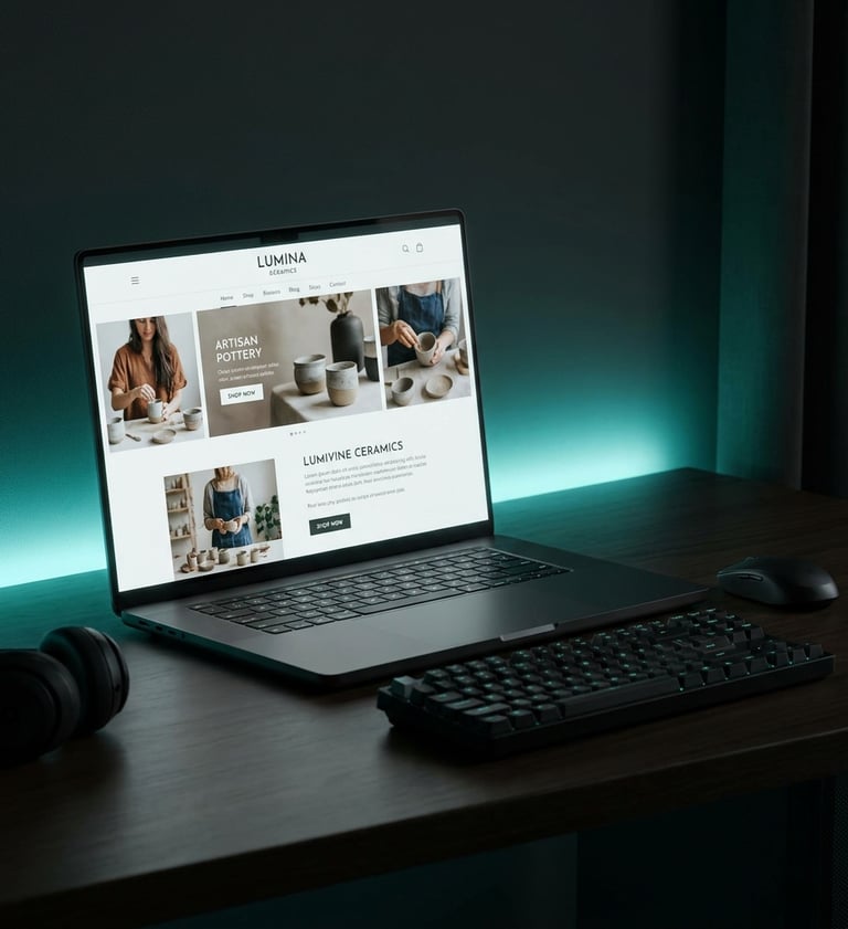 AI-powered e-commerce content studio result — branded lifestyle store on laptop screen