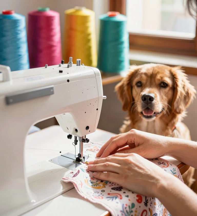 Golden retriever observa a una costurera usar una máquina de coser con carretes de hilo de colores.