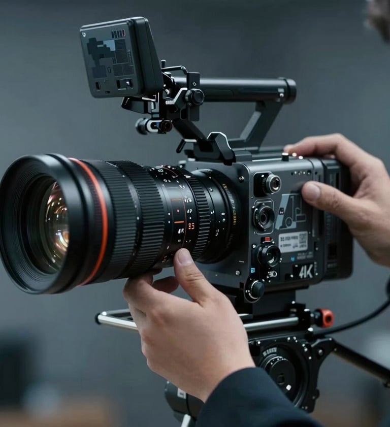 A close-up of a professional cinematographer's hands adjusting a focus ring on a massive 4K cinema lens, moody blue and steel grey lighting, cinematic depth of field, high-end professional equipment, #415A77 color tones.