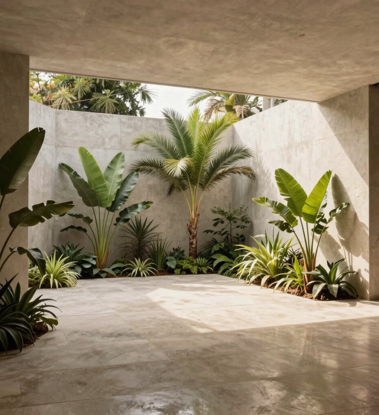 Wide-angle photography of a contemporary interior garden with tropical plants and concrete walls. A balanced composition using warm beige tones and natural sunlight, reflecting a modern Latinoamericano / Hispano luxury lifestyle.